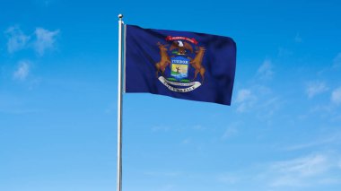 Michigan 'ın yüksek detaylı bayrağı. Michigan eyalet bayrağı, Michigan bayrağı. Michigan bayrağı. ABD. Amerika. 3B Görüntü