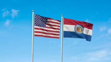 Missouri ve Amerikan Bayrağı birlikte. Missouri ve ABD 'nin yüksek detaylı el sallama bayrağı. Missouri eyalet bayrağı. ABD. 3B Görüntü.