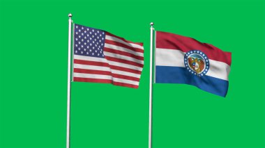 Missouri ve Amerikan Bayrağı birlikte. Missouri ve ABD 'nin yüksek detaylı el sallama bayrağı. Missouri eyalet bayrağı. ABD. 3B Görüntü.