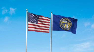 Nebraska ve Amerikan Bayrağı birlikte. Nebraska ve ABD 'nin yüksek detaylı bayrağı. Nebraska eyalet bayrağı. ABD. 3B Görüntü.