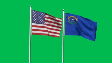 Nevada ve Amerikan Bayrağı birlikte. Nevada ve ABD 'nin yüksek detaylı dalgalanan bayrağı. Nevada bayrağı. ABD. 3B Görüntü.