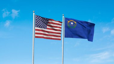 Nevada ve Amerikan Bayrağı birlikte. Nevada ve ABD 'nin yüksek detaylı dalgalanan bayrağı. Nevada bayrağı. ABD. 3B Görüntü.