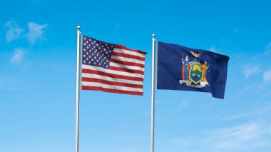 New York ve Amerikan Bayrağı birlikte. New York ve ABD 'nin yüksek detaylı el sallama bayrağı. New York bayrağı. ABD. 3B Görüntü.