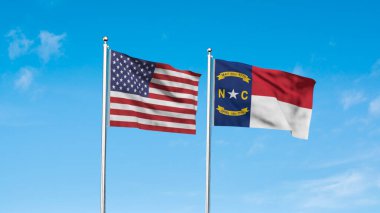 Kuzey Carolina ve Amerikan Bayrağı birlikte. Kuzey Carolina ve ABD 'nin yüksek detaylı dalgalanan bayrağı. Kuzey Carolina bayrağı. ABD. 3B Görüntü.