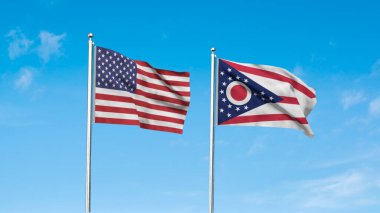 Ohio ve Amerikan Bayrağı birlikte. Ohio ve ABD 'nin yüksek detaylı dalgalanan bayrağı. Ohio eyalet bayrağı. ABD. 3B Görüntü.
