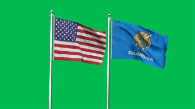 Oklahoma ve Amerikan Bayrağı birlikte. Oklahoma ve ABD 'nin yüksek detaylı el sallama bayrağı. Oklahoma eyalet bayrağı. ABD. 3B Görüntü.
