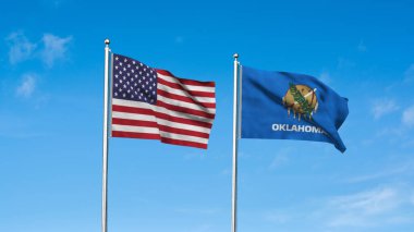 Oklahoma ve Amerikan Bayrağı birlikte. Oklahoma ve ABD 'nin yüksek detaylı el sallama bayrağı. Oklahoma eyalet bayrağı. ABD. 3B Görüntü.