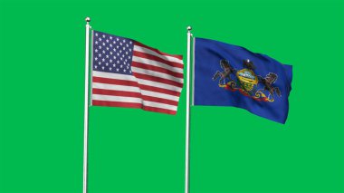 Pennsylvania ve Amerikan Bayrağı birlikte. Pensilvanya ve ABD 'nin yüksek detaylı bayrağı. Pennsylvania eyalet bayrağı. ABD. 3B Görüntü.