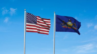 Pennsylvania ve Amerikan Bayrağı birlikte. Pensilvanya ve ABD 'nin yüksek detaylı bayrağı. Pennsylvania eyalet bayrağı. ABD. 3B Görüntü.