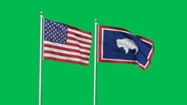 Wyoming ve Amerikan Bayrağı birlikte. Wyoming ve ABD 'nin yüksek detaylı dalgalanan bayrağı. Wyoming eyalet bayrağı. ABD. 3 Boyutlu Hazırlama.
