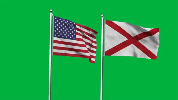 Alabama ve Amerikan Bayrağı birlikte. Alabama ve ABD 'nin yüksek detaylı bayrağı. Alabama eyalet bayrağı. ABD. 3B Görüntü.