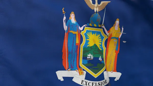 New York 'un yüksek detaylı bayrağı. New York bayrağı, New York bayrağı. New York eyaleti bayrağı. ABD. Amerika. 3B Görüntü