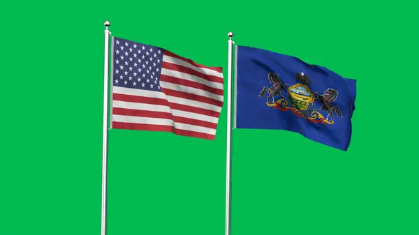 Pennsylvania ve Amerikan Bayrağı birlikte. Pensilvanya ve ABD 'nin yüksek detaylı bayrağı. Pennsylvania eyalet bayrağı. ABD. 3B Görüntü.