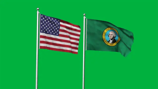 Washington ve Amerikan Bayrağı birlikte. Washington ve ABD 'nin yüksek detaylı bayrağı. Washington bayrağı. ABD. 3B Görüntü.