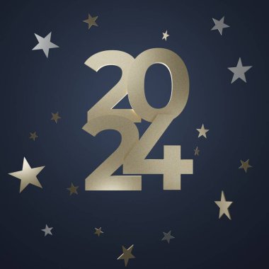Meydan Mutlu Yeni Yıl 2024 3D altın metalik üç boyutlu numaralar üst üste iki sıra. Etrafta altın yıldızlar var. Altında metin tutucu olan lacivert arkaplan.