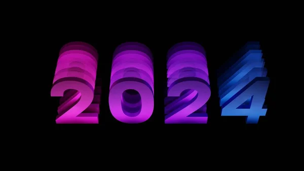 Çerçevenin ortasında sıralanmış 3D parlak mor-mavi sayılar 2024. Siyah arka plan. Yeni yıl için grafikler. Mutlu yıllar 2024!