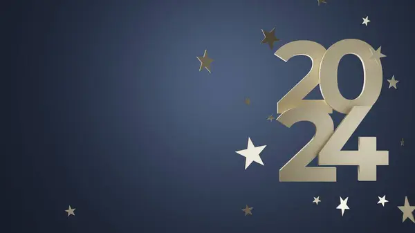 Birbiriyle çakışan iki satırdaki altın metalik 3D sayıların 2024 grafiği kutlu olsun. Etrafta altın yıldızlar var. Lacivert arka plan, solunda metin tutucu var. 3B Hazırlama