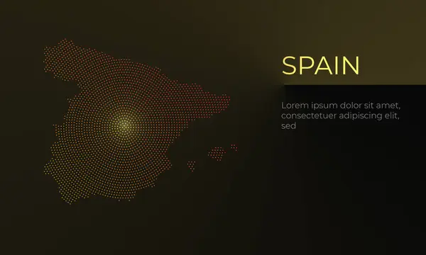 İspanya haritası üzerinde koyu sarı açılı gradyan bir arkaplan ve yanında da fotokopi alanı olan radyal noktalar deseni. Örnek Madrid 'de. Modern İş Finans Tasarımı Konsepti. İspanya Silüet Vektörü.