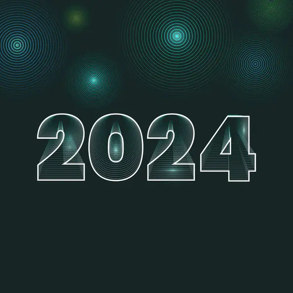 Illustrator 'un karıştırma aracını kullanarak 2024 sayısının beyaz ana hatları ince 3D efekt ile oluşturuldu. Yeşil arka plan ve tepede konsantre havai fişekler. Alta uzayı kopyala. Mutlu yıllar 2024.