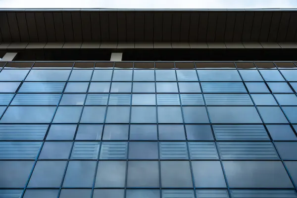 Büyük cam panelleri ve çelik çerçeveleri olan modern ofis binası, şirket mimarisi.
