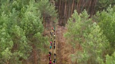 Bir grup koşucunun renkli spor kıyafetleriyle orman yolunda koşuşlarının hava görüntüsü.