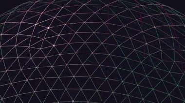 Karanlık arkaplanda titreşimli düğümlerle dönüşen geometrik kablo küresi, teknolojik görselleştirme kavramı