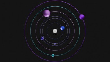 Güneş etrafında dönen gezegenlerin tepeden tırnağa soyut animasyonları siyah arkaplan üzerinde renkli yollar, uzay temaları için bilimsel veya eğitici görsel yollar.