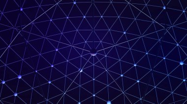 Koyu uzayda 3B dijital ağ perspektifinin merkezi düğüm perspektifi, dijital altyapıyı veya yapay zeka sistemlerini temsil etmek için ideal mavi ışıltıyla