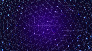 Teknoloji veya veri iletişimi kavramları için koyu arkaplan üzerinde bağlı düğümlere sahip dijital mavi ve mor ağ küresi