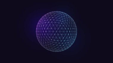 Siyah arkaplan üzerindeki tam görünür dijital ağ küresi küresel internet bağlantısını ve bilgi ağlarını sembolize ediyor