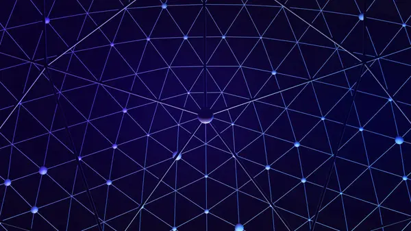 Koyu uzayda 3B dijital ağ perspektifinin merkezi düğüm perspektifi, dijital altyapıyı veya yapay zeka sistemlerini temsil etmek için ideal mavi ışıltıyla
