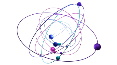 Siyah zemin üzerinde eliptik yolları ve çekirdeği olan atomun renkli 3D elektron yörünge modeli, atomik yapı ve kuantum fiziğini sembolize eder.