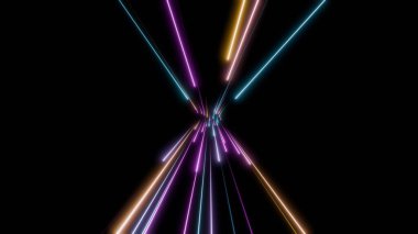 Parlayan neon çizgilerden oluşan gelecekteki kum saati deseni, siyah arkaplan üzerinde dijital perspektifle merkezde birleşiyor.