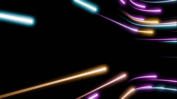 Siyah arkaplanda kıvrımlar ve ışık yollarıyla dolaşan parlak neon çizgileri, dijital hareket konsepti