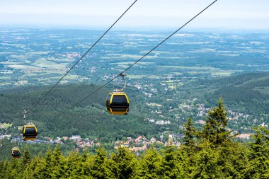 Sarı teleferik ormanın üstünde ilerliyor. Şehir ve kırsal alan mavi gökyüzünün altında.