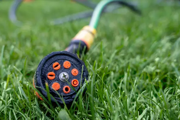 Yeşil çimenlerin üzerinde duran siyah ve turuncu bahçe hortumu, çimenlik bakımı için makro görünüm