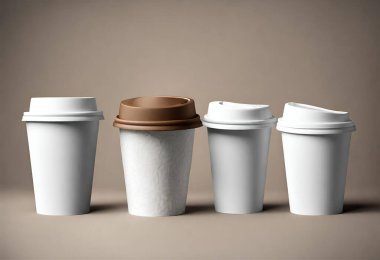 Masanın üzerinde bir fincan kağıt kahve. V16 tasarımı için izole bir arka planı olan kahve kağıdı modeli.