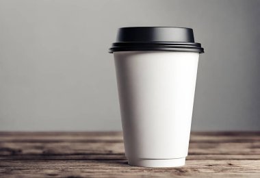 Masanın üzerinde bir fincan kağıt kahve. İzole edilmiş arka planı olan kahve kağıdı modeli, v1