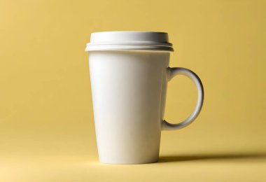 Sarı arka planda kahve fincanı. Tasarımınız için bir model.