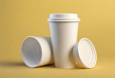 Sarı arkaplan üzerinde tek kullanımlık kağıt bardaklar.