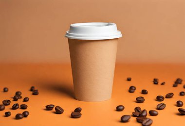 Masanın üzerinde bir fincan kağıt kahve. Kahve kağıdı maketi. turuncu arkaplanda izole edilmiş, v2