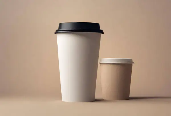 stock image white paper coffee cup and blank white paper cup on gray background.