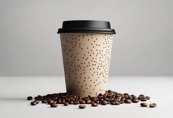 coffee beans in a cup on a black background, top vie