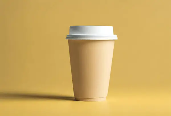 paper disposable coffee cup on yellow background, top view