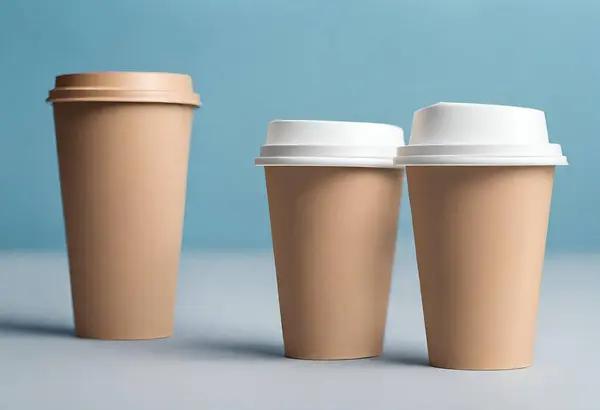 disposable cups for takeaway coffee and two mugs on a white background.