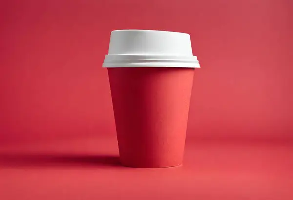paper cup of coffee with red hot coffee on a red background, concept of takeaway coffee