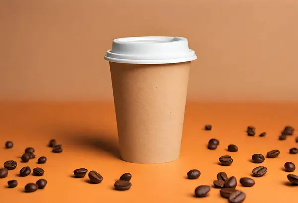 Paper cup of coffee on the table. Coffee paper cup mockup. isolated on orange background, v2