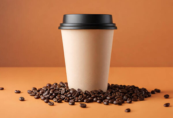 Paper cup of coffee on the table. Coffee paper cup mockup. isolated on orange background