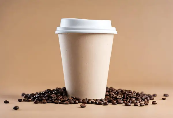 Paper coffee cup mockup for logo and design with gray background, v25