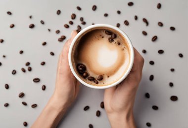 Bir fincan kahve, etrafında kahve çekirdekleri, V15.